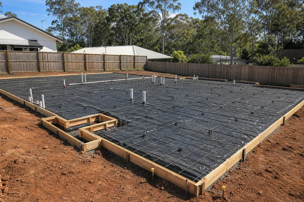 Representative residential house slab prepared with formwork and reinforcing mesh