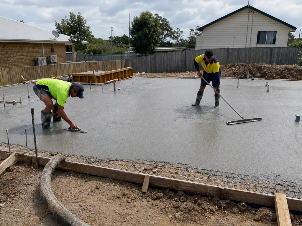 Concreters finishing a residential house slab